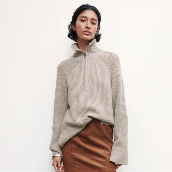 H&M taupe ribbed cable knit zip collar oversized pullover sweater size L - Picture 1 of 6